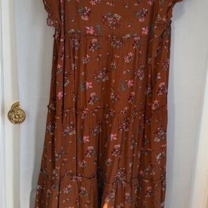 NATURAL LIFE Rust Brown Floral Tiered Dress with Pink Accents